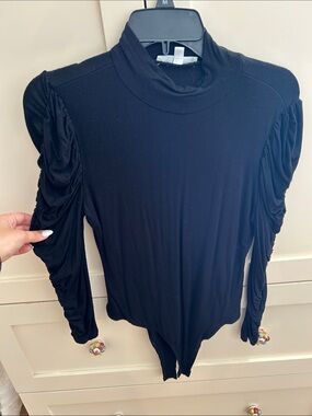 Love Tree Black Ruched-Sleeve Mock Neck Bodysuit